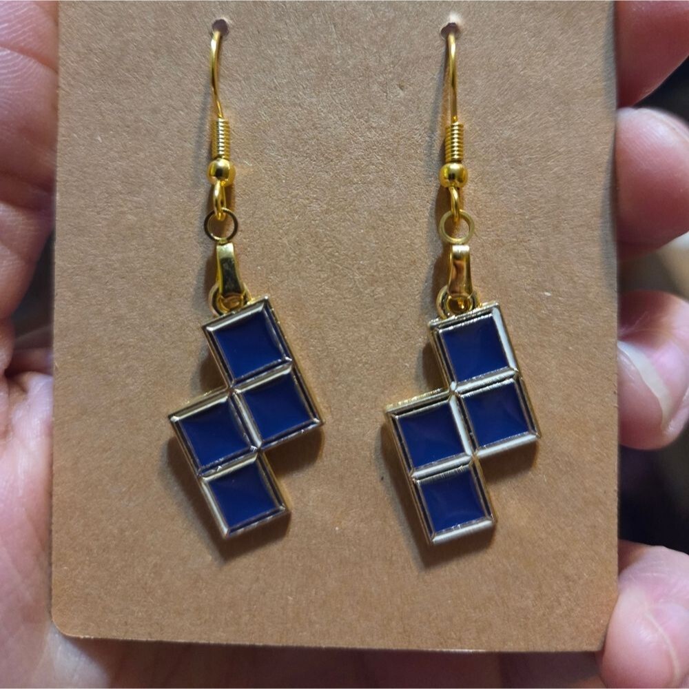 Elegant Gold and Blue Geometric Puzzle Game Dangle Earrings 1 Pair